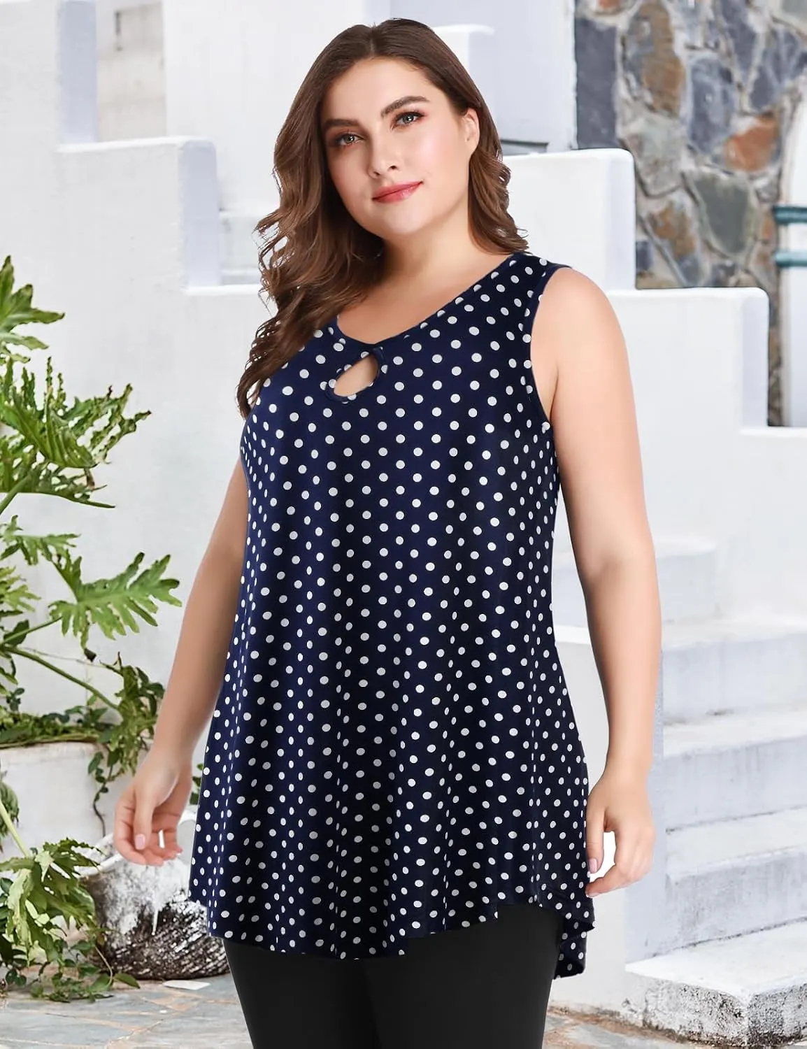 MONNURO Women's Plus Size Sleeveless Keyhole Summer Sexy Shirts Casual Loose Flowy Swing Tunic Tank Tops
