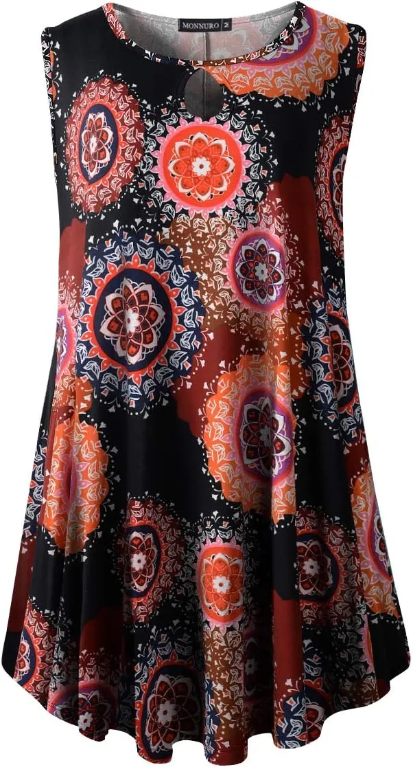 MONNURO Women's Plus Size Sleeveless Keyhole Summer Sexy Shirts Casual Loose Flowy Swing Tunic Tank Tops