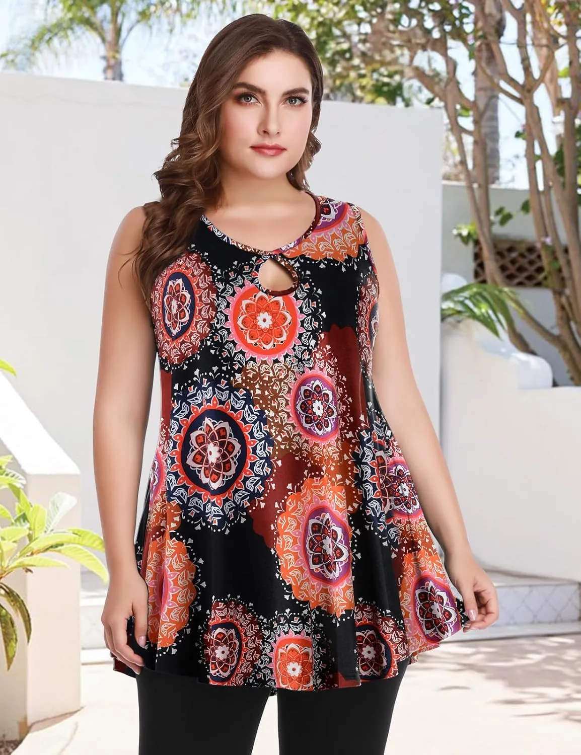 MONNURO Women's Plus Size Sleeveless Keyhole Summer Sexy Shirts Casual Loose Flowy Swing Tunic Tank Tops