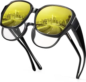 Night Driving Glasses Women, Anti Glare Night Vision Glasses for Driving Polarized Fit Over Glasses Square Yellow Lens