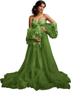 Off Shoulder Maternity Dress for Photoshoot Lace Appliques Tulle Robe Bridal Lingerie Bathgown Pregnancy Gown