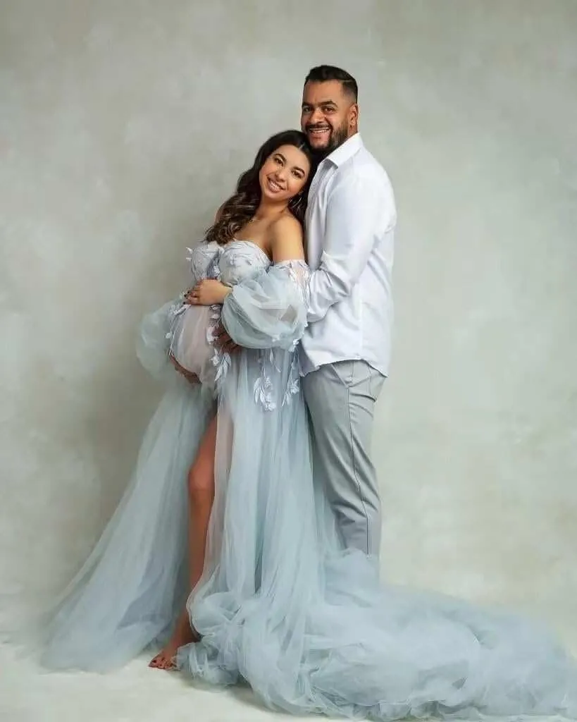 Off Shoulder Maternity Dress for Photoshoot Lace Appliques Tulle Robe Bridal Lingerie Bathgown Pregnancy Gown