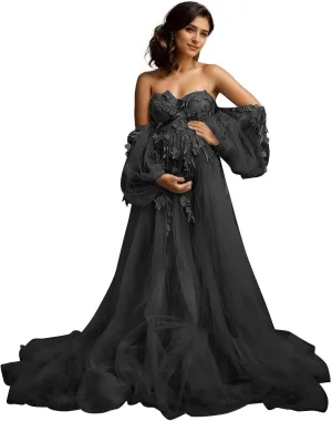 Off Shoulder Maternity Dress for Photoshoot Lace Appliques Tulle Robe Bridal Lingerie Bathgown Pregnancy Gown