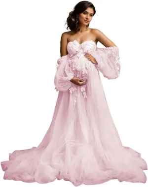 Off Shoulder Maternity Dress for Photoshoot Lace Appliques Tulle Robe Bridal Lingerie Bathgown Pregnancy Gown