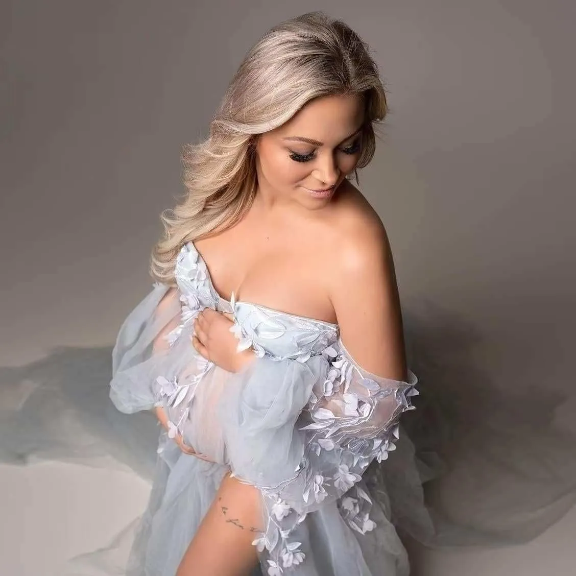 Off Shoulder Maternity Dress for Photoshoot Lace Appliques Tulle Robe Bridal Lingerie Bathgown Pregnancy Gown