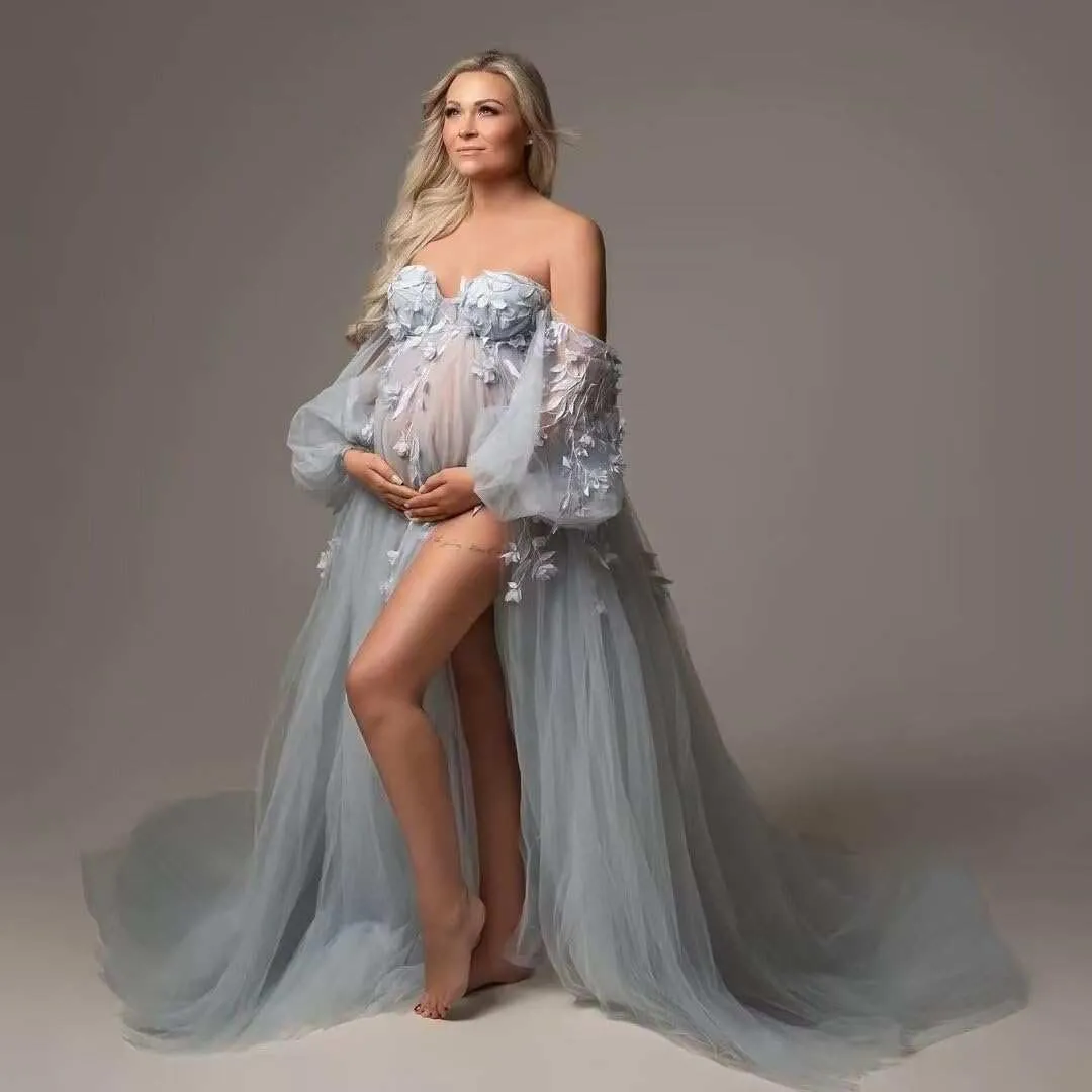 Off Shoulder Maternity Dress for Photoshoot Lace Appliques Tulle Robe Bridal Lingerie Bathgown Pregnancy Gown