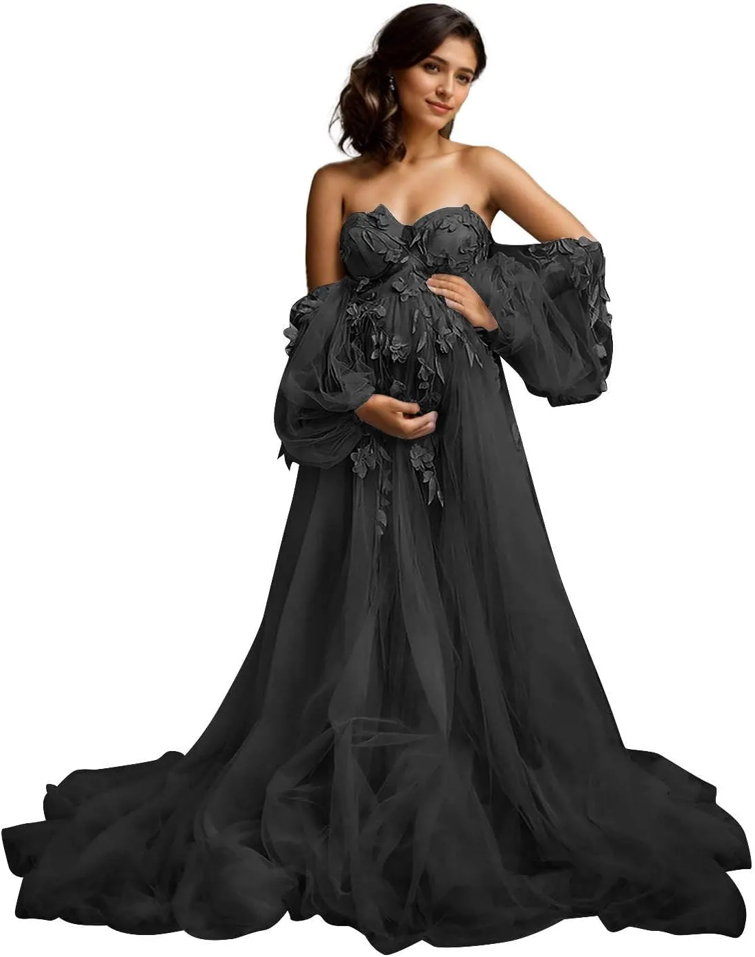 Off Shoulder Maternity Dress for Photoshoot Lace Appliques Tulle Robe Bridal Lingerie Bathgown Pregnancy Gown