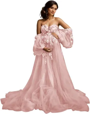Off Shoulder Maternity Dress for Photoshoot Lace Appliques Tulle Robe Bridal Lingerie Bathgown Pregnancy Gown