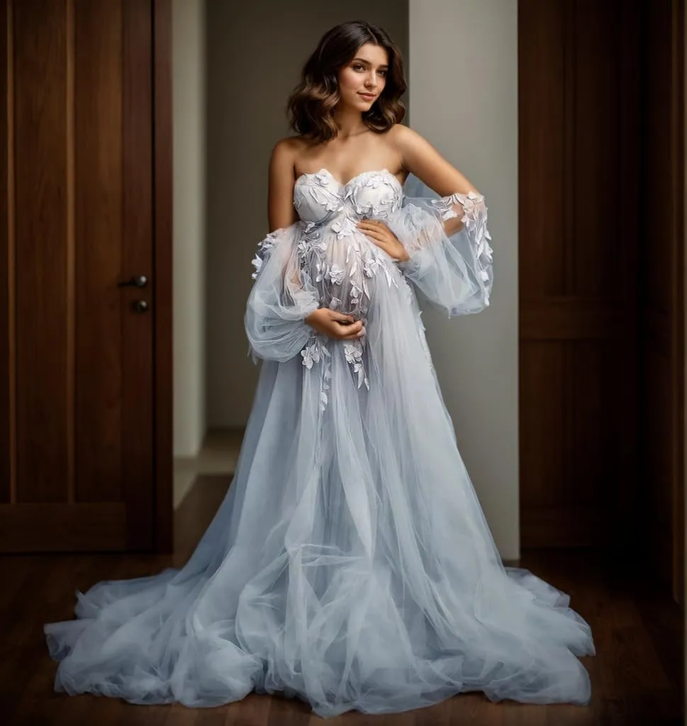 Off Shoulder Maternity Dress for Photoshoot Lace Appliques Tulle Robe Bridal Lingerie Bathgown Pregnancy Gown