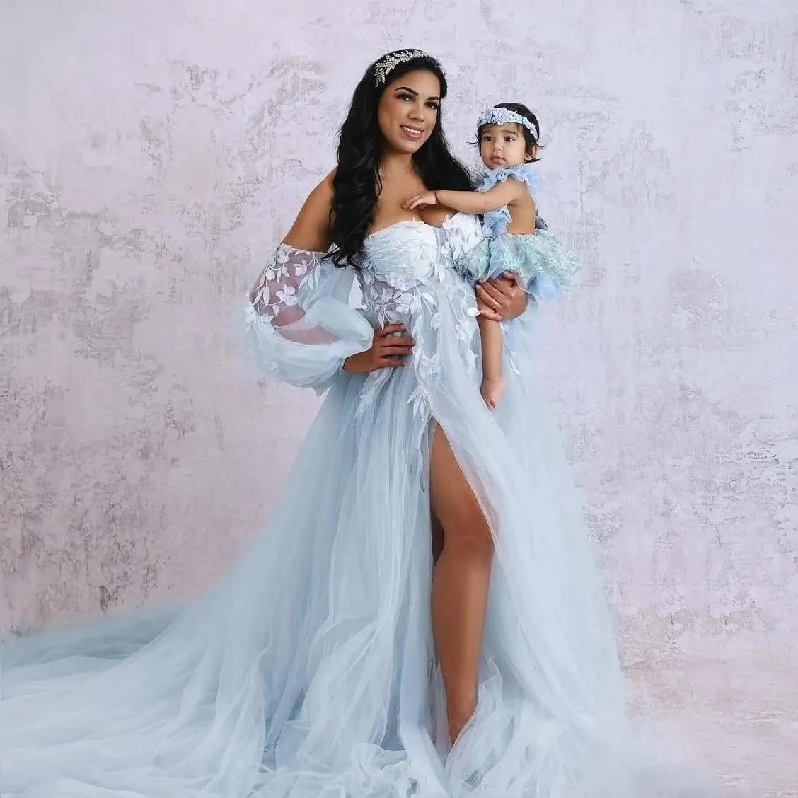 Off Shoulder Maternity Dress for Photoshoot Lace Appliques Tulle Robe Bridal Lingerie Bathgown Pregnancy Gown