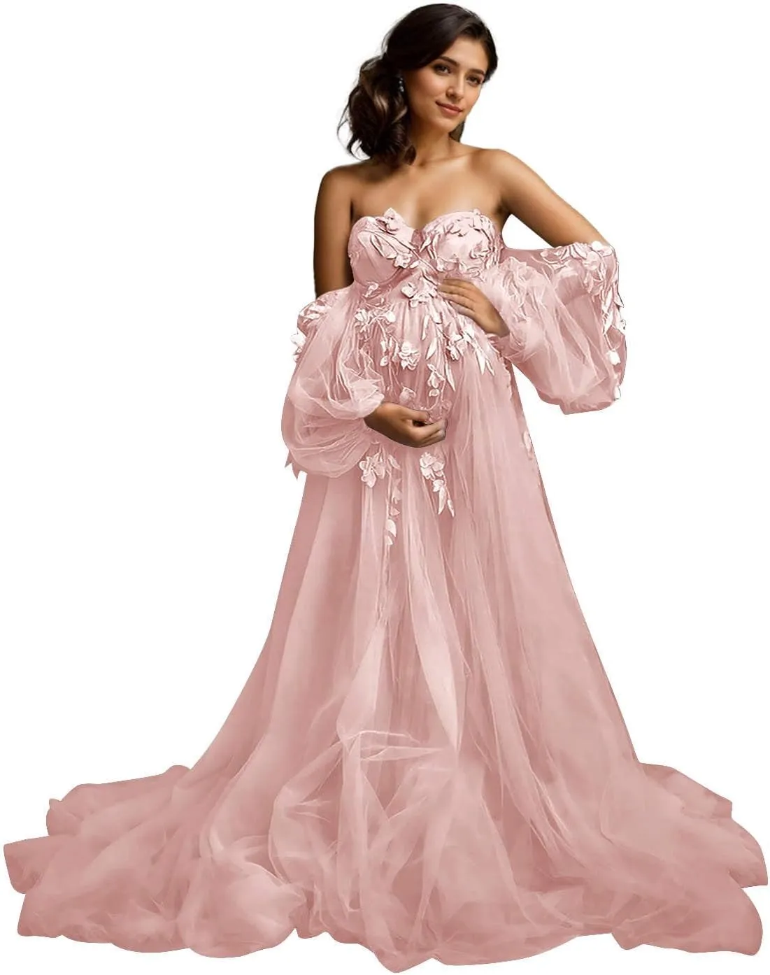 Off Shoulder Maternity Dress for Photoshoot Lace Appliques Tulle Robe Bridal Lingerie Bathgown Pregnancy Gown