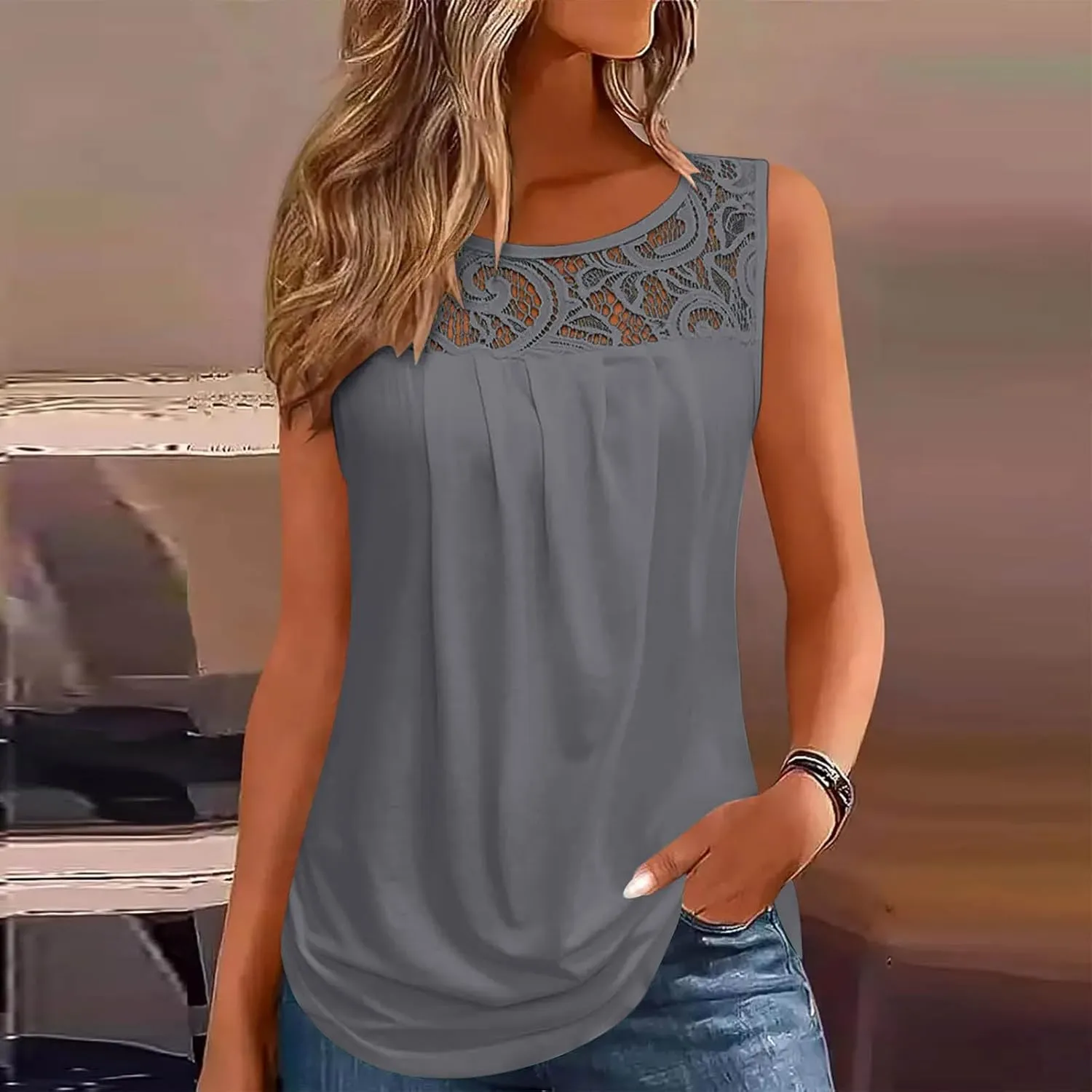 Oplxuo Summer Tank Tops for Women Loose Fit Pleated Tunics Round Neck Sleeveless Lace Tops Curved Hem Flowy Blouse