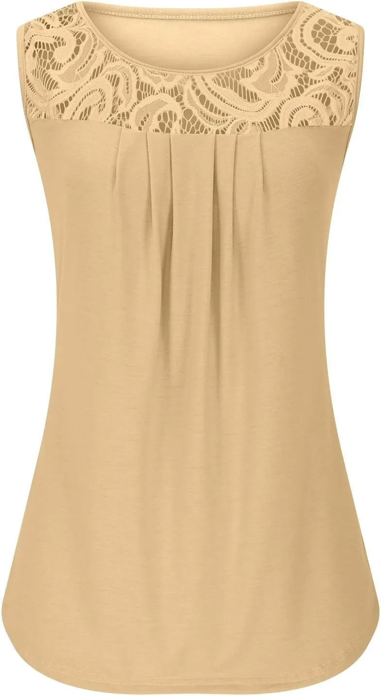 Oplxuo Summer Tank Tops for Women Loose Fit Pleated Tunics Round Neck Sleeveless Lace Tops Curved Hem Flowy Blouse