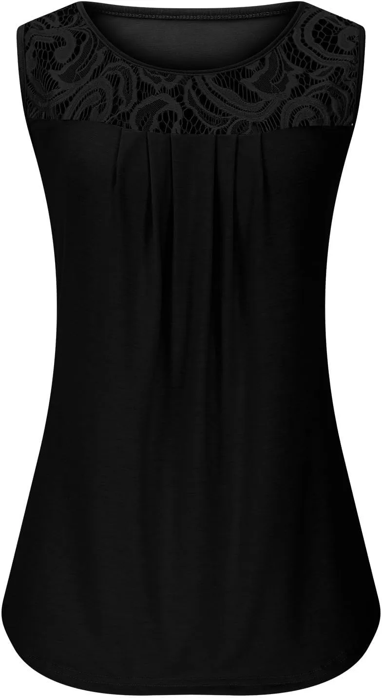 Oplxuo Summer Tank Tops for Women Loose Fit Pleated Tunics Round Neck Sleeveless Lace Tops Curved Hem Flowy Blouse