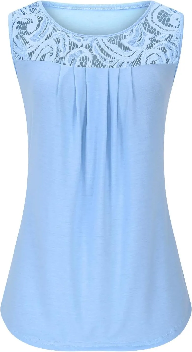 Oplxuo Summer Tank Tops for Women Loose Fit Pleated Tunics Round Neck Sleeveless Lace Tops Curved Hem Flowy Blouse