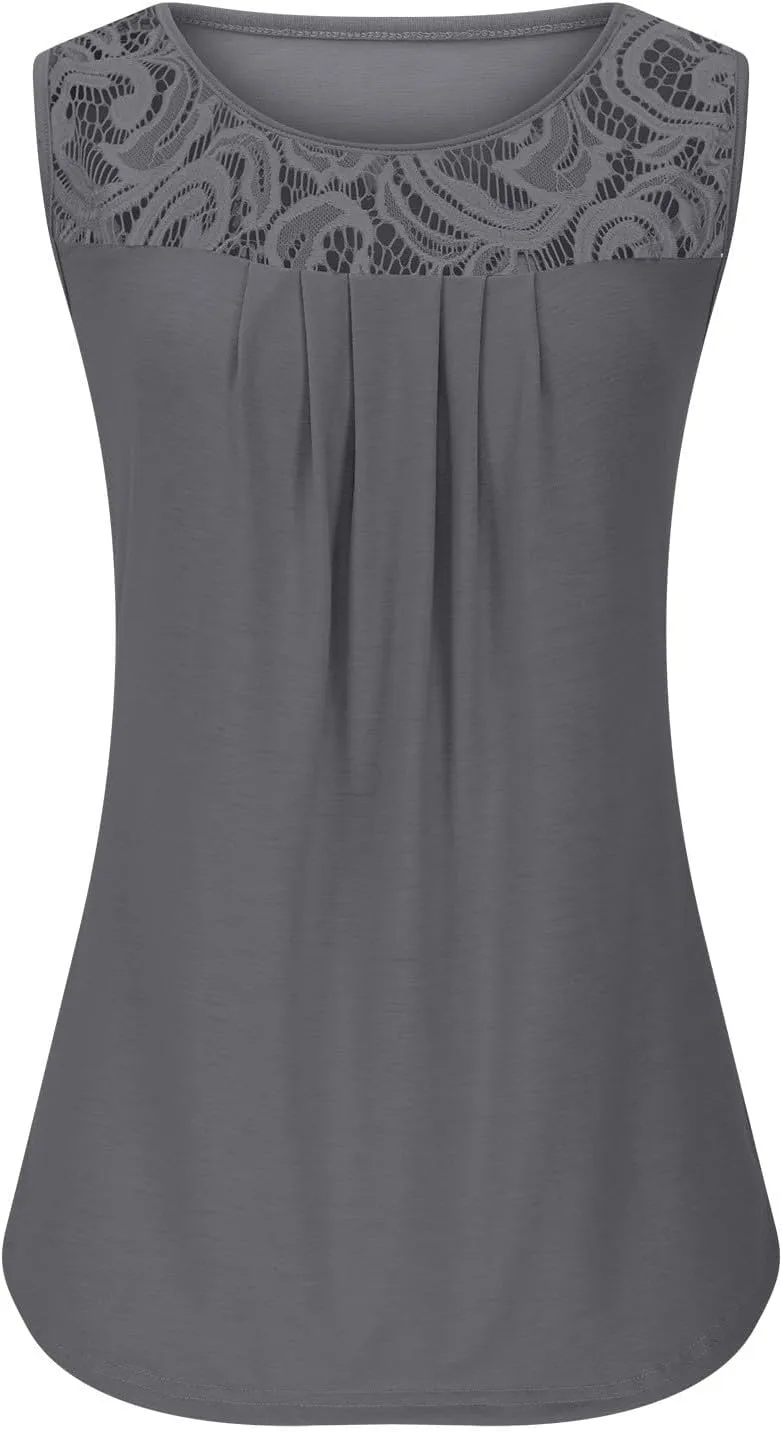 Oplxuo Summer Tank Tops for Women Loose Fit Pleated Tunics Round Neck Sleeveless Lace Tops Curved Hem Flowy Blouse