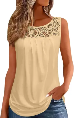 Oplxuo Summer Tank Tops for Women Loose Fit Pleated Tunics Round Neck Sleeveless Lace Tops Curved Hem Flowy Blouse