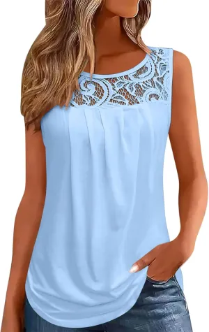 Oplxuo Summer Tank Tops for Women Loose Fit Pleated Tunics Round Neck Sleeveless Lace Tops Curved Hem Flowy Blouse