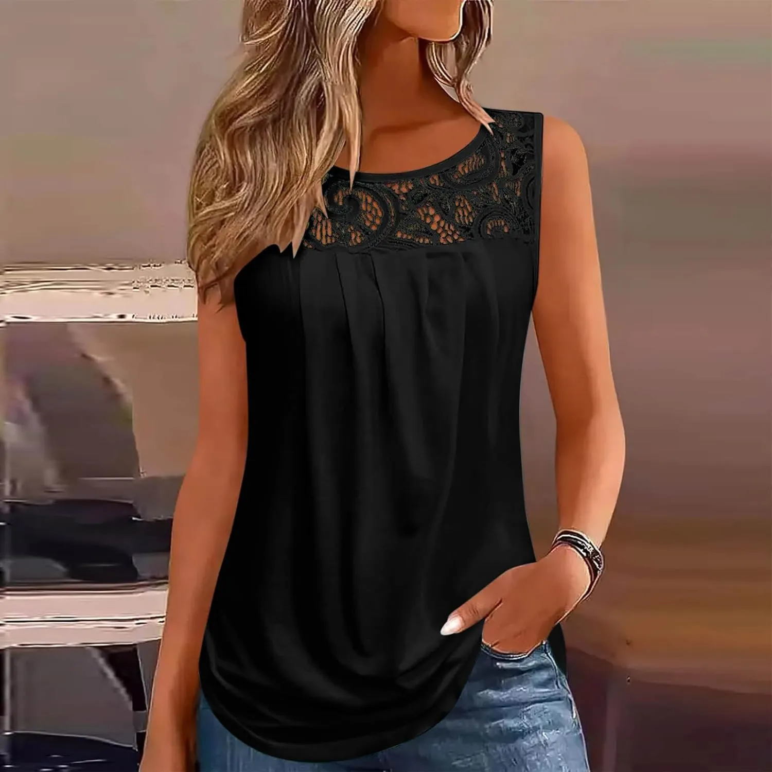 Oplxuo Summer Tank Tops for Women Loose Fit Pleated Tunics Round Neck Sleeveless Lace Tops Curved Hem Flowy Blouse