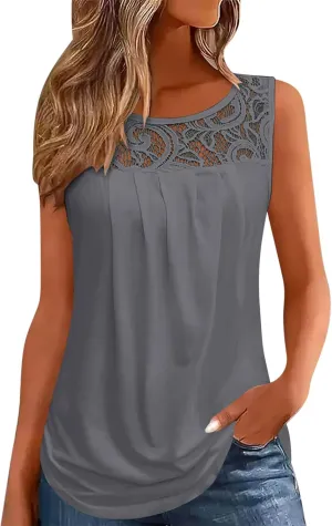 Oplxuo Summer Tank Tops for Women Loose Fit Pleated Tunics Round Neck Sleeveless Lace Tops Curved Hem Flowy Blouse