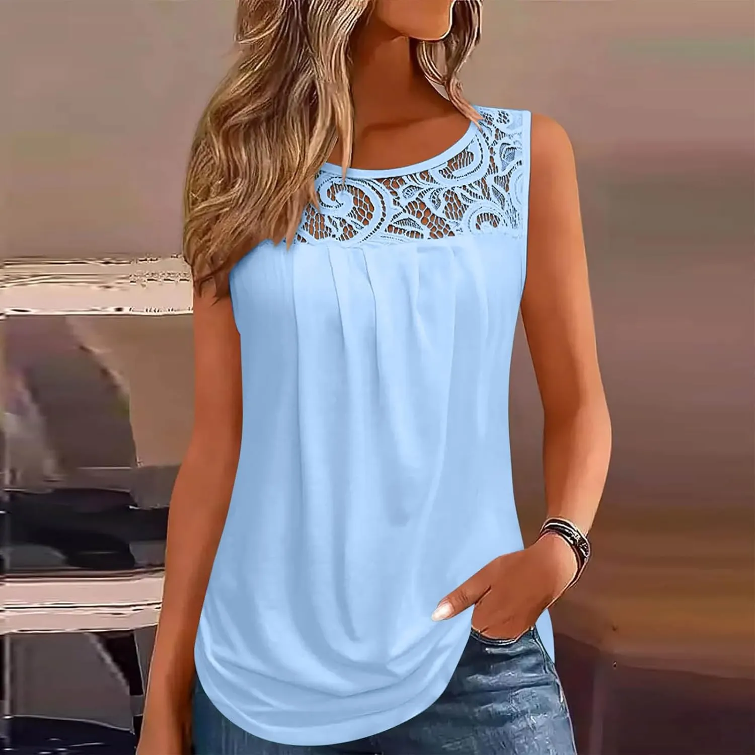 Oplxuo Summer Tank Tops for Women Loose Fit Pleated Tunics Round Neck Sleeveless Lace Tops Curved Hem Flowy Blouse