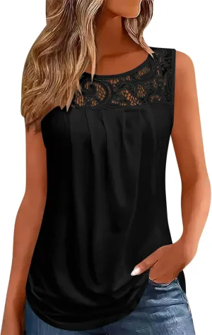 Oplxuo Summer Tank Tops for Women Loose Fit Pleated Tunics Round Neck Sleeveless Lace Tops Curved Hem Flowy Blouse