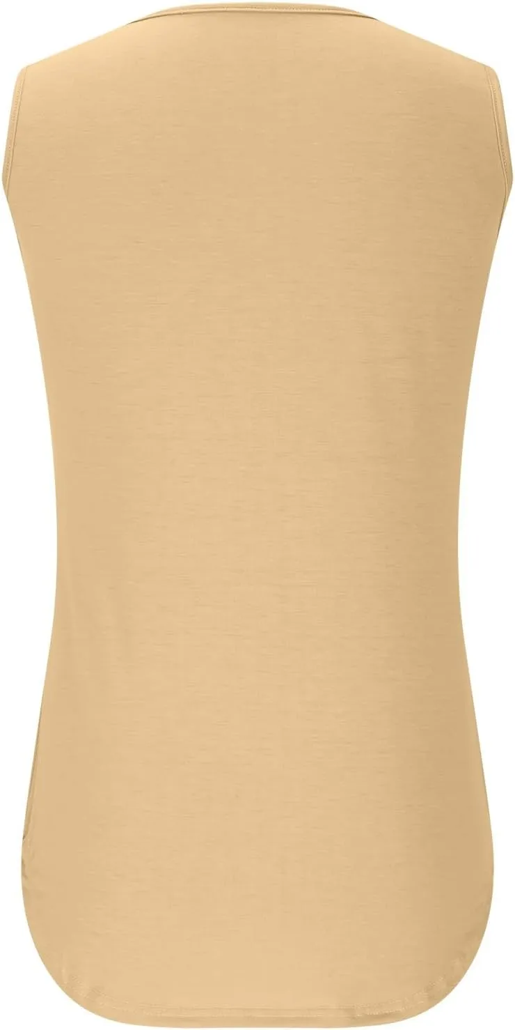 Oplxuo Summer Tank Tops for Women Loose Fit Pleated Tunics Round Neck Sleeveless Lace Tops Curved Hem Flowy Blouse