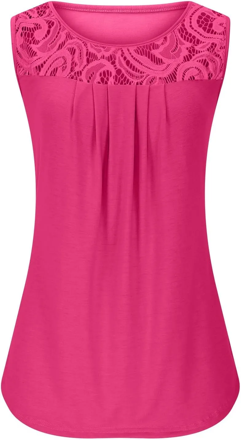 Oplxuo Summer Tank Tops for Women Loose Fit Pleated Tunics Round Neck Sleeveless Lace Tops Curved Hem Flowy Blouse