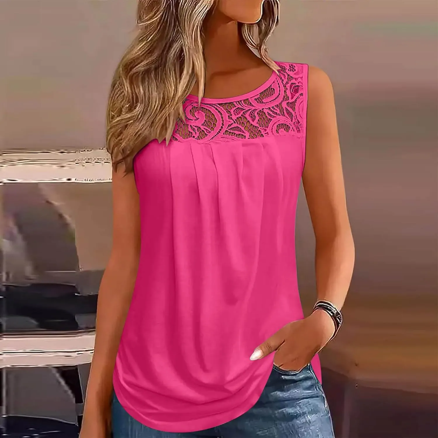 Oplxuo Summer Tank Tops for Women Loose Fit Pleated Tunics Round Neck Sleeveless Lace Tops Curved Hem Flowy Blouse