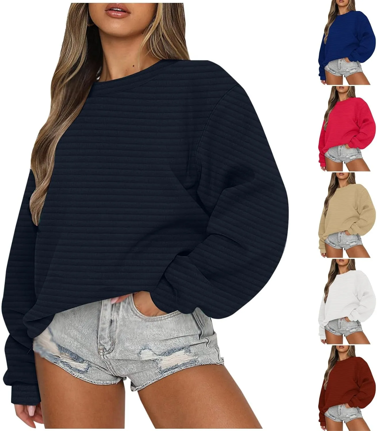 Oversized Sweatshirt for Women Crewneck Long Sleeve Pullover Top Ribbed Cute Teen Girls Clothes Fashion Outfits