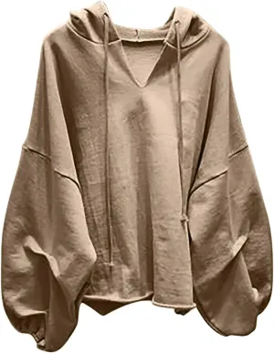 Oversized Sweatshirt for Women Lantern Sleeve Fashion Hoodies Long Drawstring Vneck Pullover Top Fashion Fall Outfits