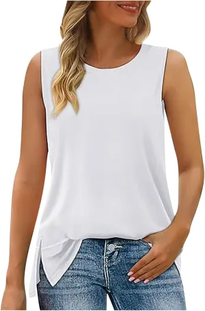 Oversized Tank Tops for Women Patchwork Plus Size Long Camisole Shirt Side Split Hem U Neck Blouse T-Shirt
