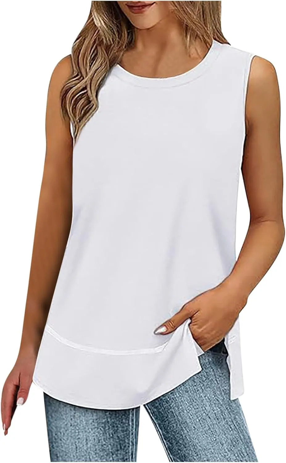 Oversized Tank Tops for Women Patchwork Plus Size Long Camisole Shirt Side Split Hem U Neck Blouse T-Shirt