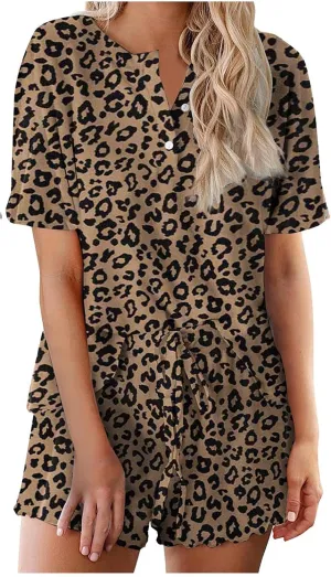 Pajama Set for Women 2 Piece Lounge Set Henley Neck Short Sleeve Tops and Shorts Soft Sleepwear Lounge Outfits