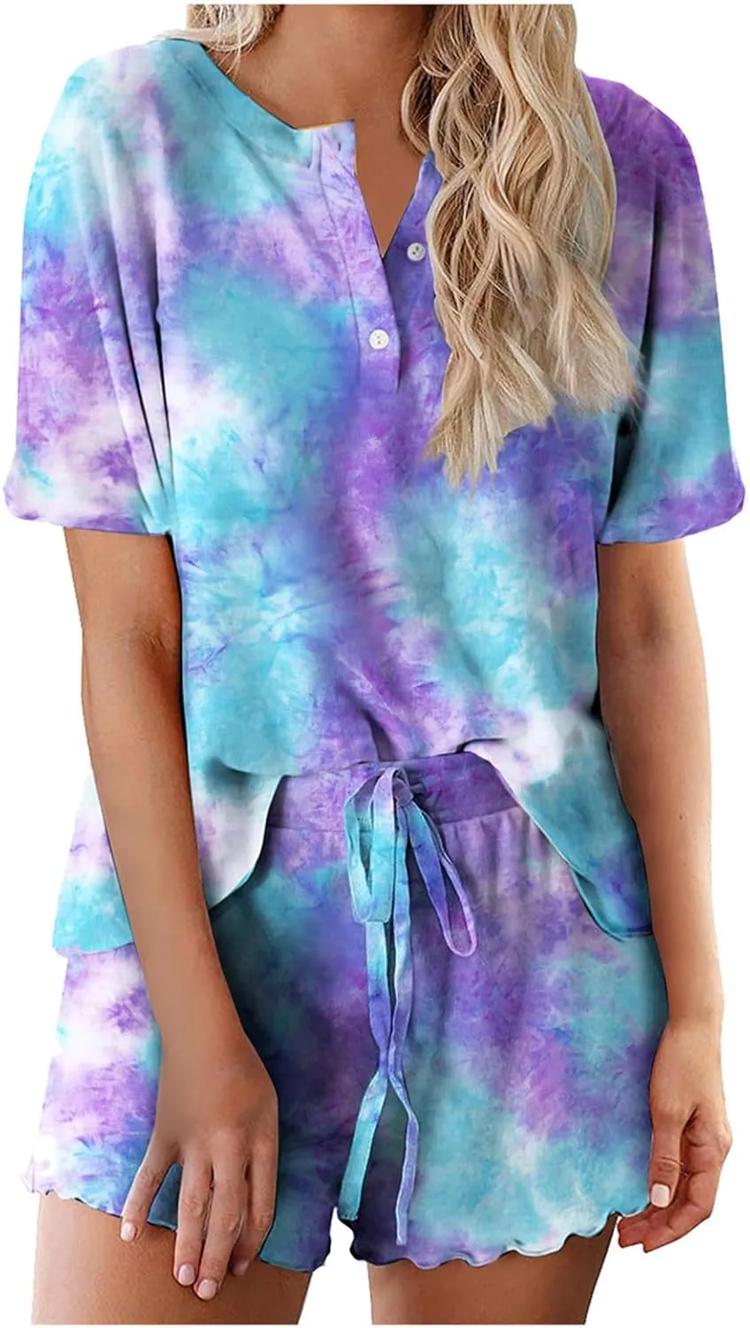 Pajama Set for Women 2 Piece Lounge Set Henley Neck Short Sleeve Tops and Shorts Soft Sleepwear Lounge Outfits