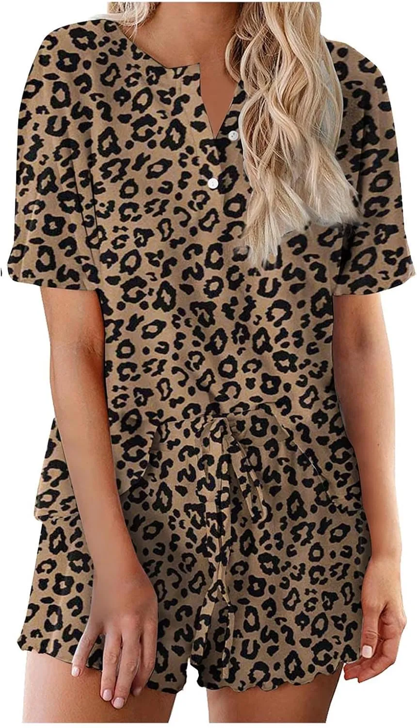 Pajama Set for Women 2 Piece Lounge Set Henley Neck Short Sleeve Tops and Shorts Soft Sleepwear Lounge Outfits