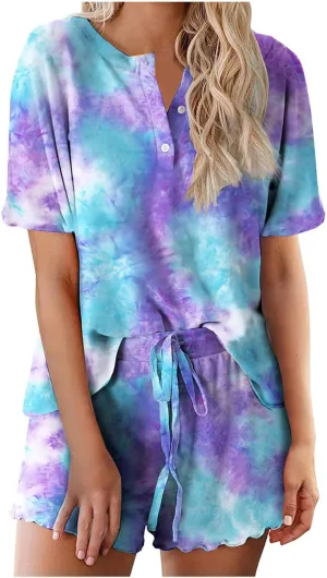 Pajama Set for Women 2 Piece Lounge Set Henley Neck Short Sleeve Tops and Shorts Soft Sleepwear Lounge Outfits