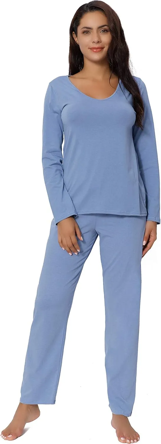 Pajama Sets for Women V Neck Long Sleeve Sleepwear Cotton Pj Sets S-3XL