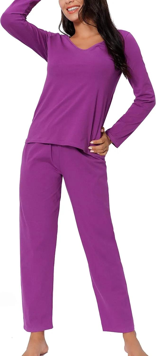 Pajama Sets for Women V Neck Long Sleeve Sleepwear Cotton Pj Sets S-3XL