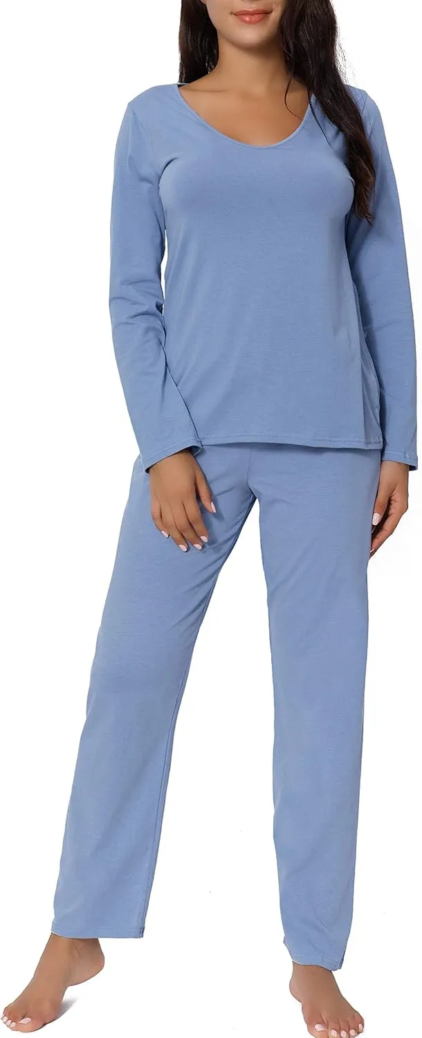 Pajama Sets for Women V Neck Long Sleeve Sleepwear Cotton Pj Sets S-3XL