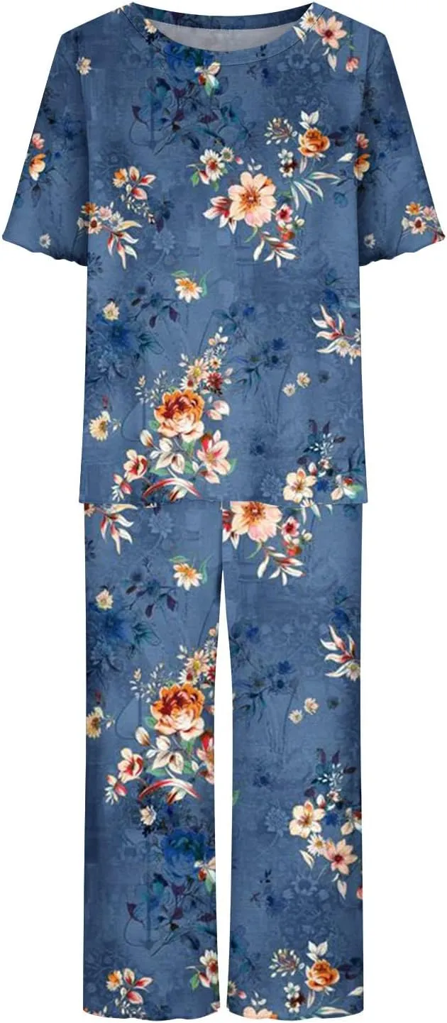 Pajamas for Women 2023 Set Short Sleeve Capri Pajamas Ladies Soft Comfy Pjs Summer Lounge Sleepwear Set With Pockets