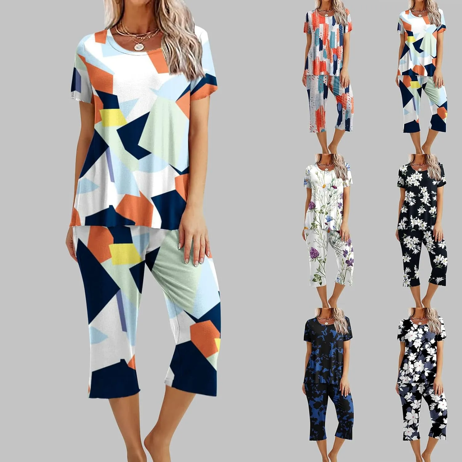 Pajamas for Women 2023 Set Short Sleeve Capri Pajamas Ladies Soft Comfy Pjs Summer Lounge Sleepwear Set With Pockets