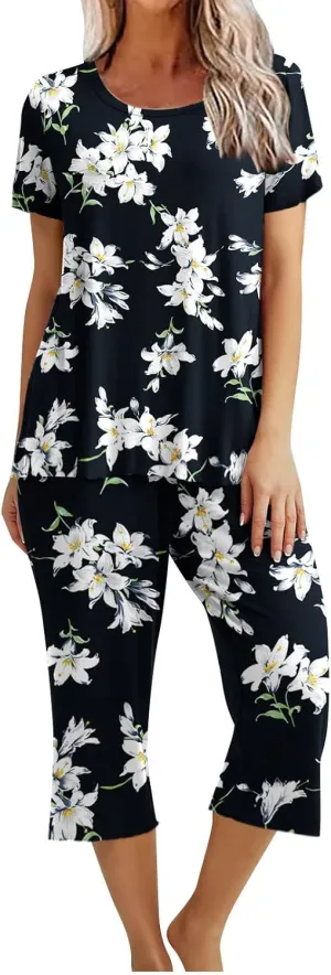 Pajamas for Women 2023 Set Short Sleeve Capri Pajamas Ladies Soft Comfy Pjs Summer Lounge Sleepwear Set With Pockets