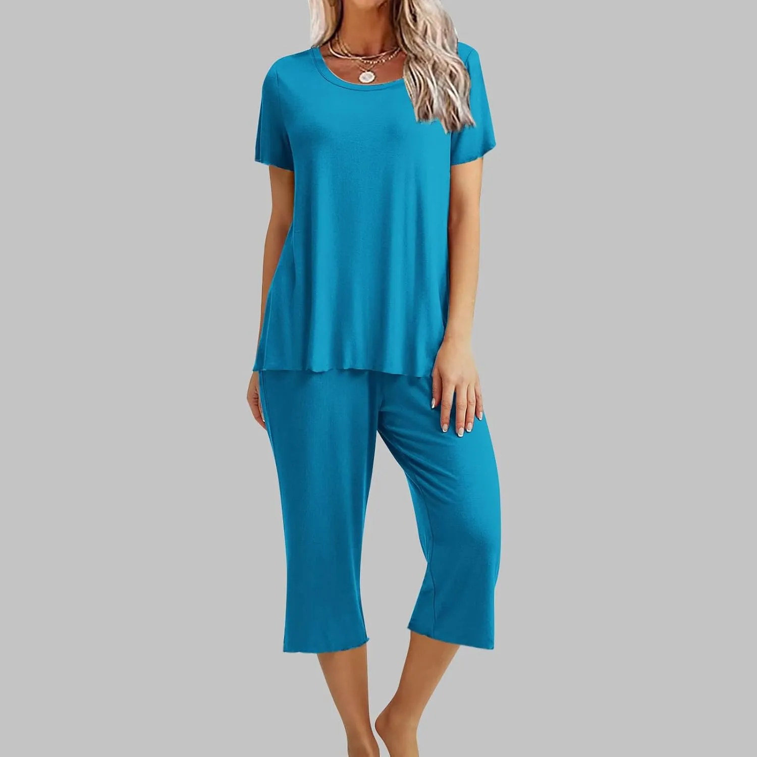 Pajamas for Women 2023 Set Short Sleeve Capri Pajamas Ladies Soft Comfy Pjs Summer Lounge Sleepwear Set With Pockets