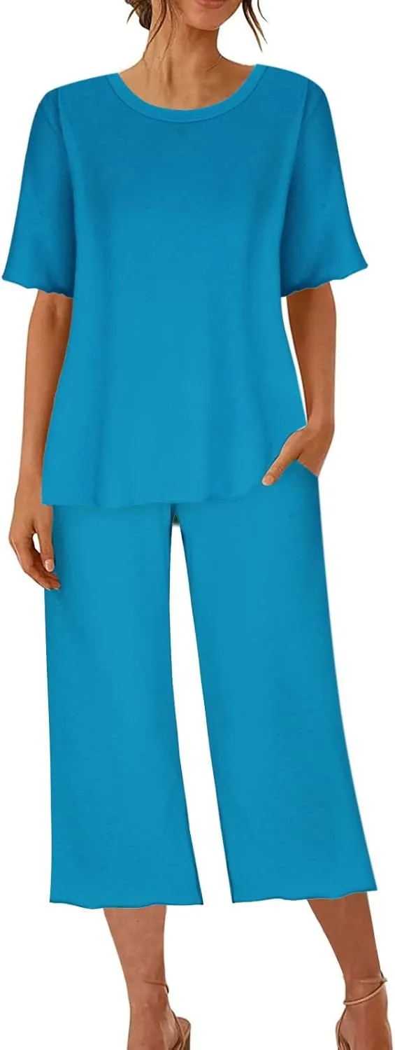 Pajamas for Women 2023 Set Short Sleeve Capri Pajamas Ladies Soft Comfy Pjs Summer Lounge Sleepwear Set With Pockets