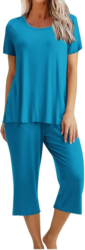 Pajamas for Women 2023 Set Short Sleeve Capri Pajamas Ladies Soft Comfy Pjs Summer Lounge Sleepwear Set With Pockets