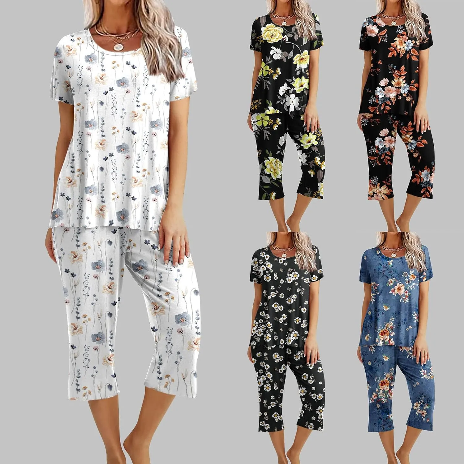 Pajamas for Women 2023 Set Short Sleeve Capri Pajamas Ladies Soft Comfy Pjs Summer Lounge Sleepwear Set With Pockets