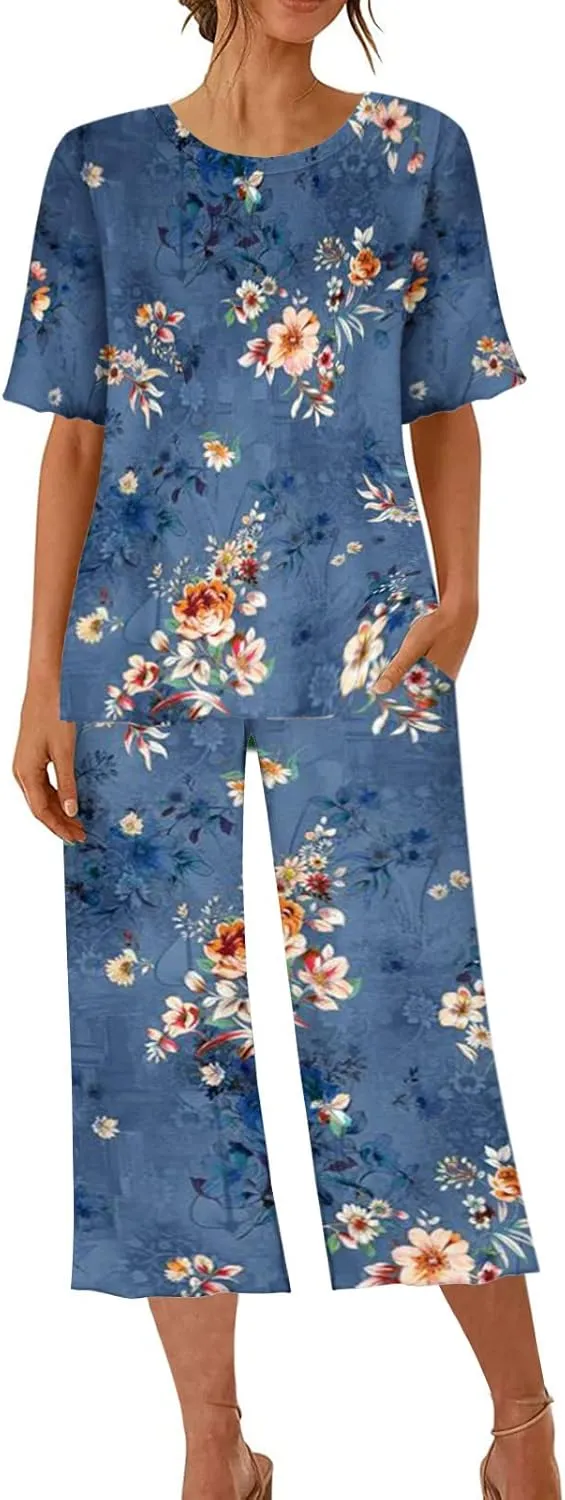 Pajamas for Women 2023 Set Short Sleeve Capri Pajamas Ladies Soft Comfy Pjs Summer Lounge Sleepwear Set With Pockets