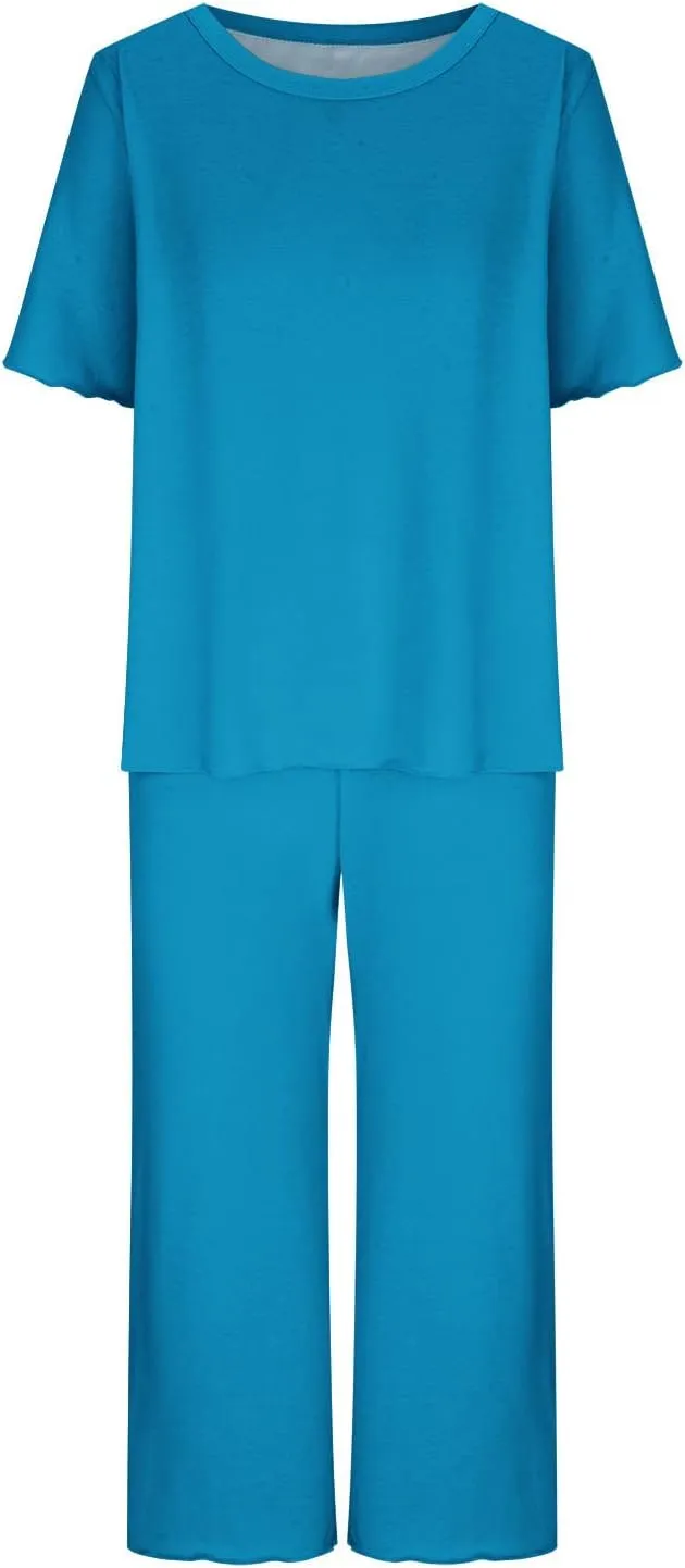 Pajamas for Women 2023 Set Short Sleeve Capri Pajamas Ladies Soft Comfy Pjs Summer Lounge Sleepwear Set With Pockets