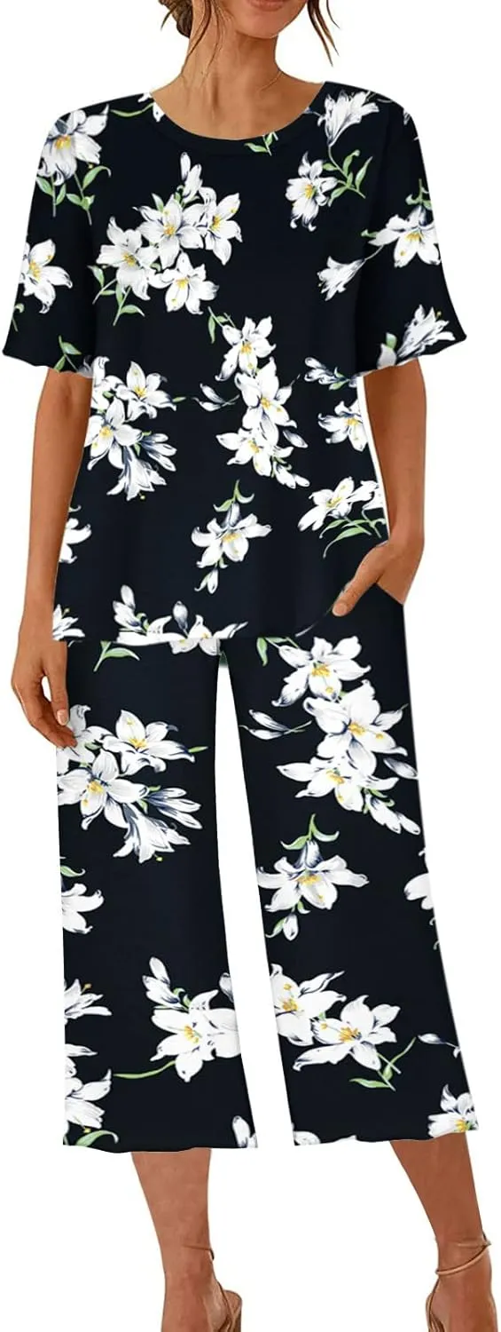 Pajamas for Women 2023 Set Short Sleeve Capri Pajamas Ladies Soft Comfy Pjs Summer Lounge Sleepwear Set With Pockets